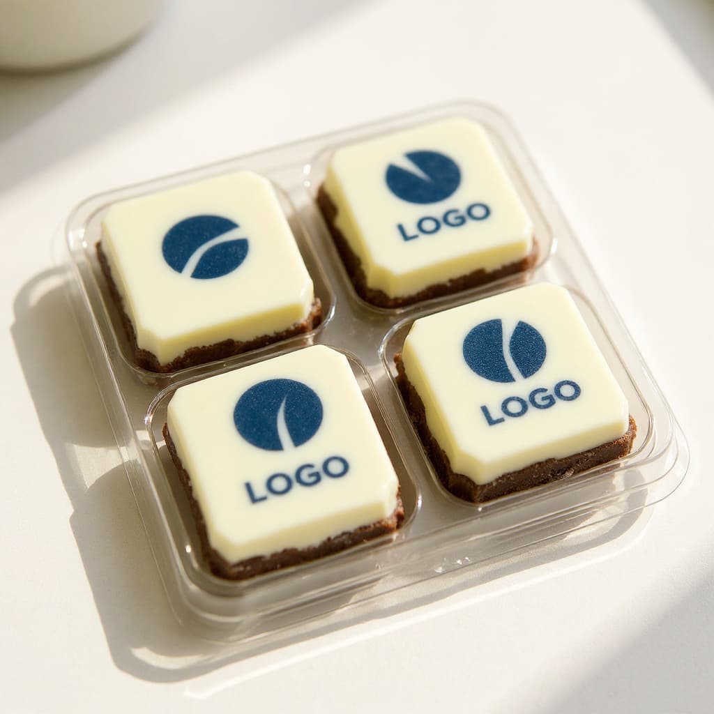 4 chocolade logobonbons in blisterdoosje