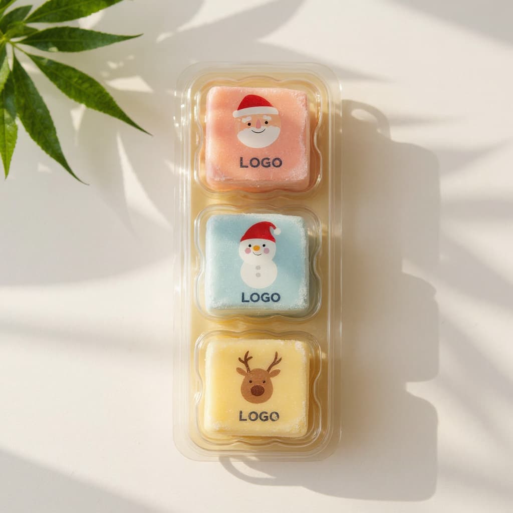 3 kerstbonbons met logo in blisterdoosje