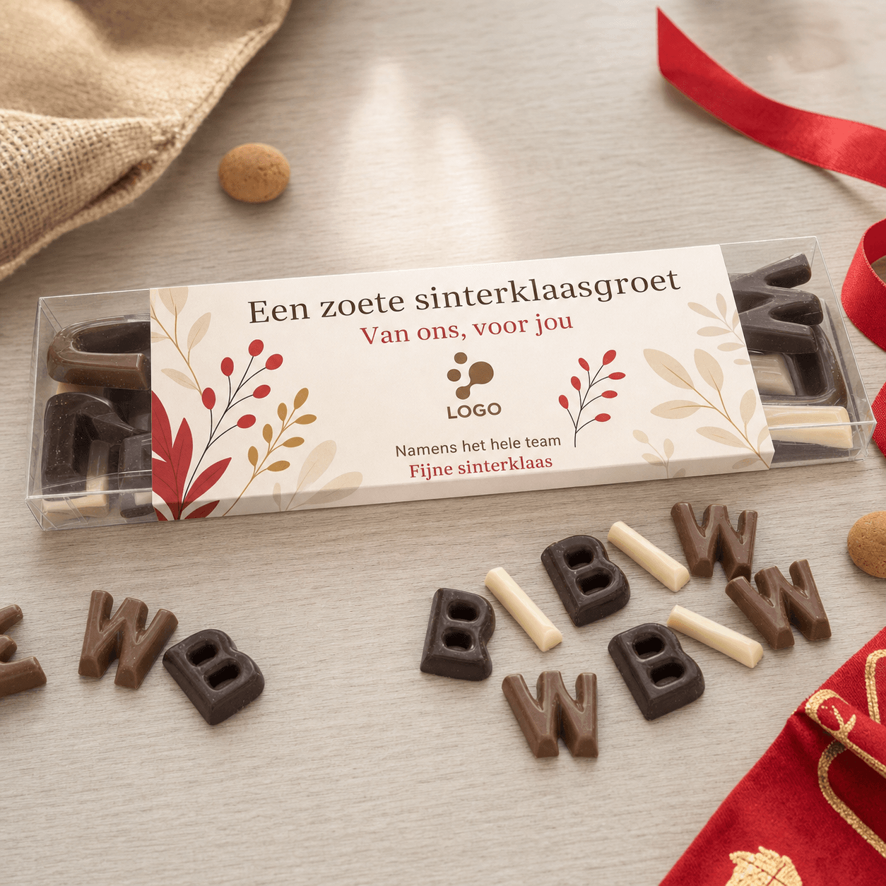 Sinterklaasdoosje met 18 chocoladelettertjes en banderol