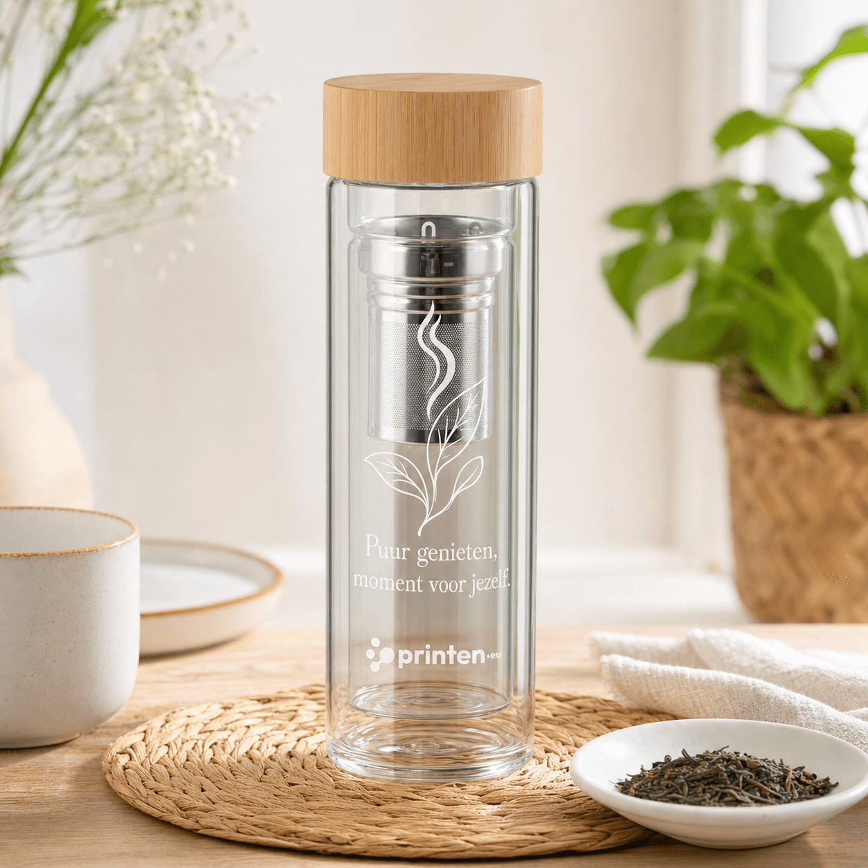 Theefles Glas 420 ml met Bamboe Dop en Theefilter