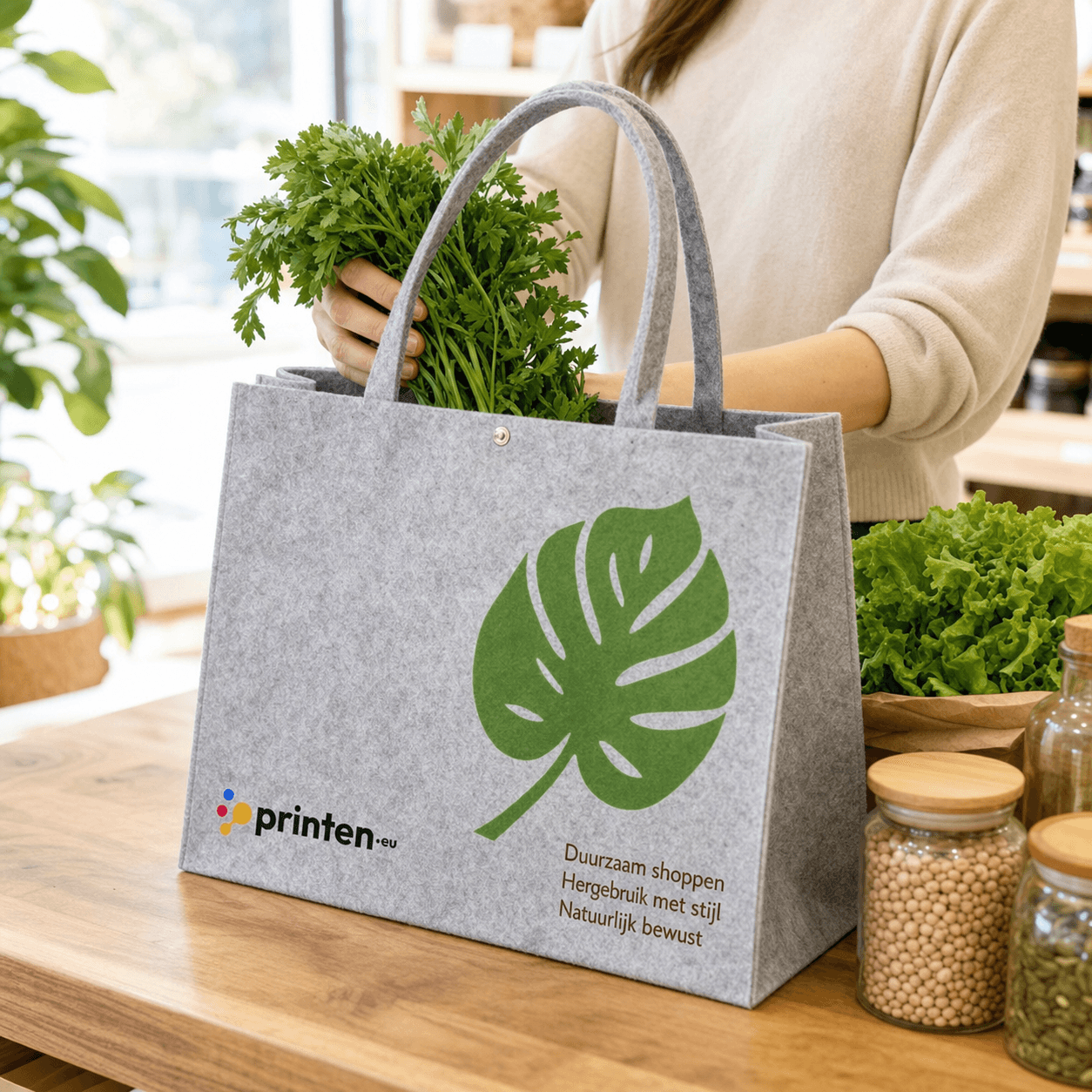 Vilten shopping bag met bedrukking