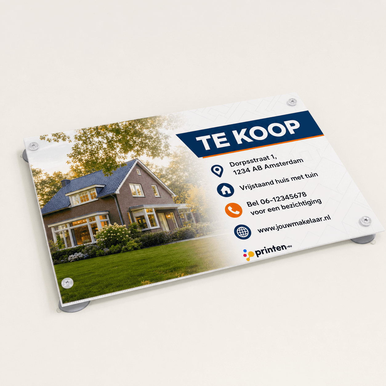 Vlak makelaarsbord met full colour bedrukking
