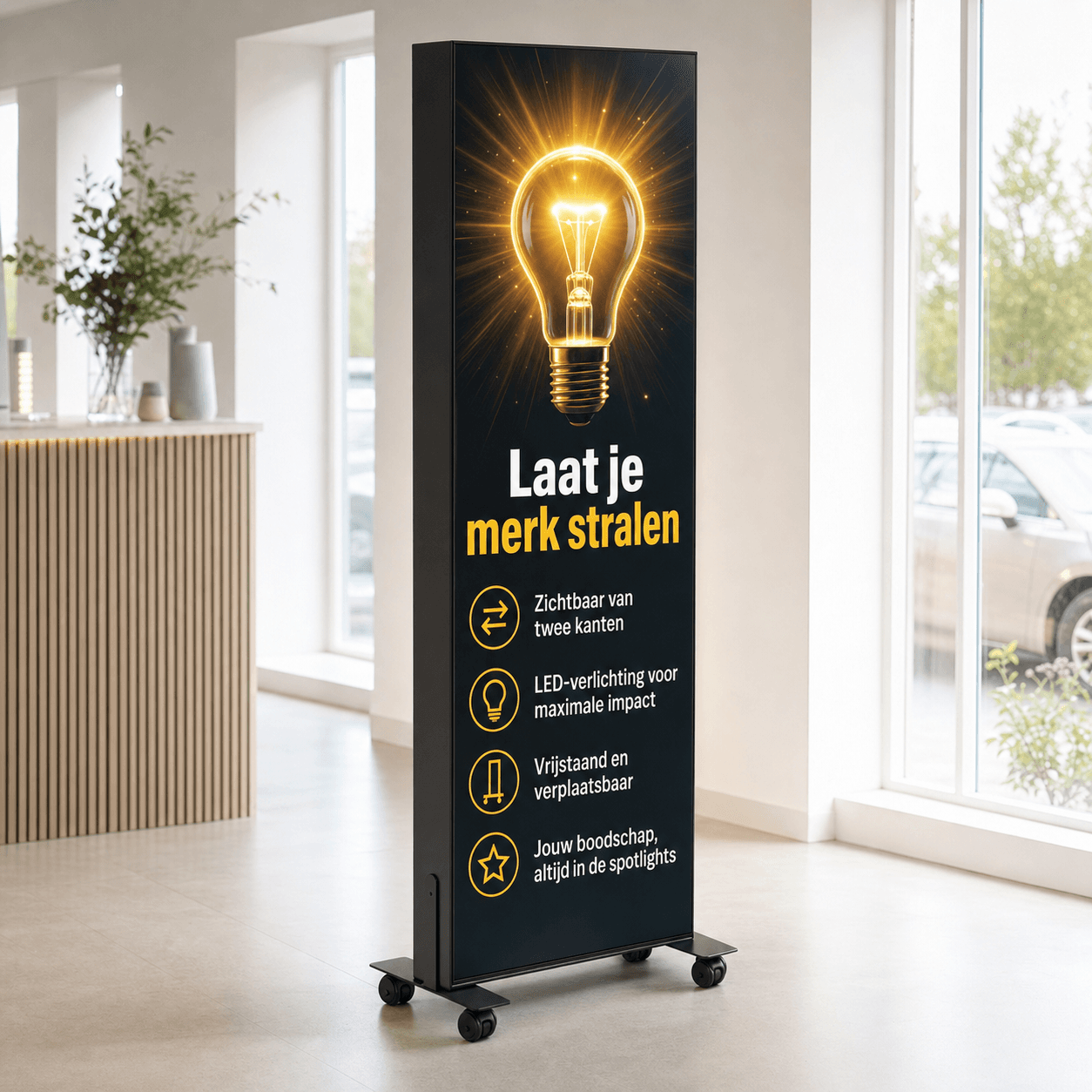Vrijstaand LED frame met zij-aanlichting voor dubbelzijdige reclame