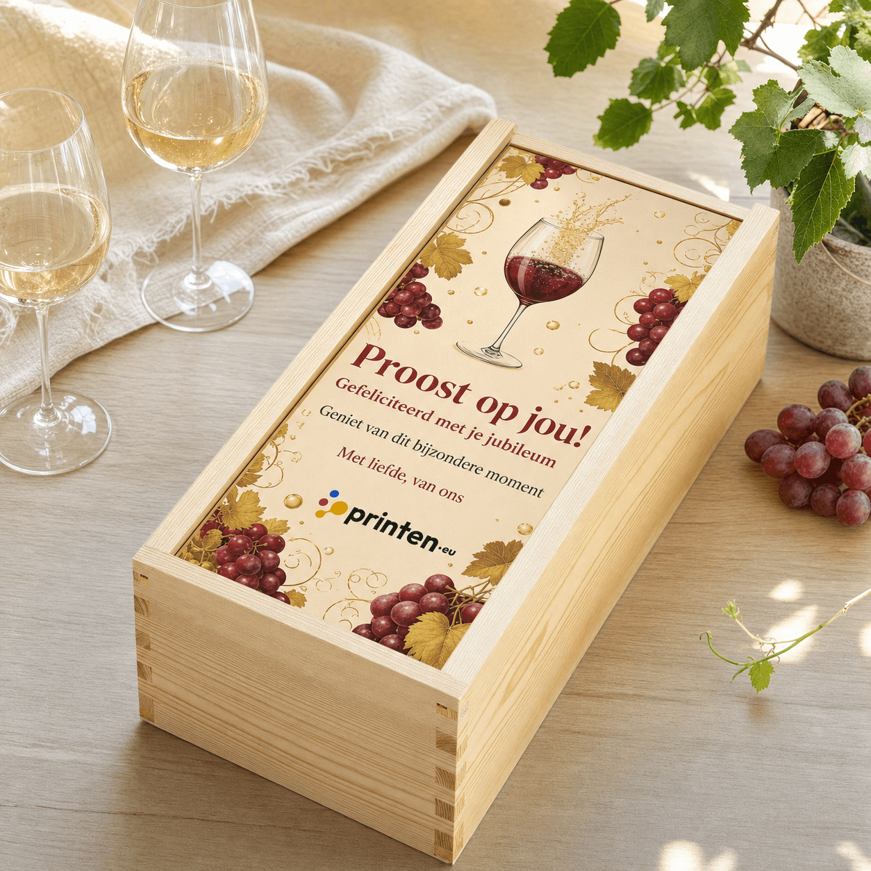 Wijnkist van hout met full colour bedrukking